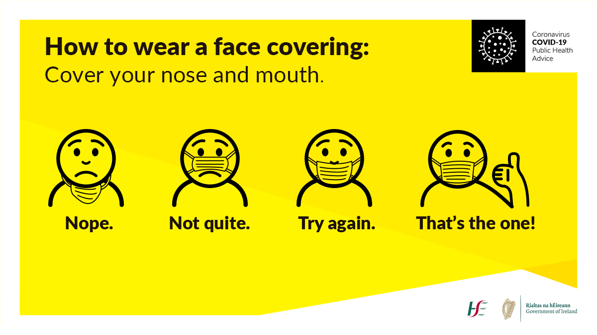 HSELive's tweet photo. Face coverings can help to reduce the spread of #COVID19. They should:
✅ cover the nose &amp; go under the chin
✅ fit snugly against the side of the face  
✅ be secured with ties or ear loops  
✅ include at least 2 layers of fabric  
✅ allow for unrestricted breathing https://t.co/Oh6E4u61QY