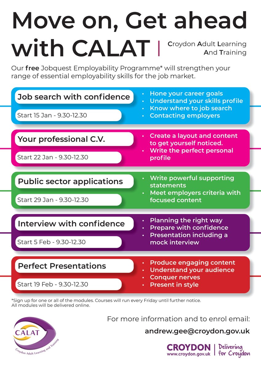 Croydon Works (@croydonworks) on Twitter photo Get ahead in your job search with <a href="/CALATCroydon/">CALATCroydon</a>! Get in touch today about the FREE🙌 jobquest employability programme, and receive support with your CV, applications, interviews and MORE
Email andrew.gee@croydon.gov.uk for more info and enroll today! 💻
Please share! Get ahead in your job search with <a href="/CALATCroydon/">CALATCroydon</a>! Get in touch today about the FREE🙌 jobquest employability programme, and receive support with your CV, applications, interviews and MORE
Email andrew.gee@croydon.gov.uk for more info and enroll today! 💻
Please share!