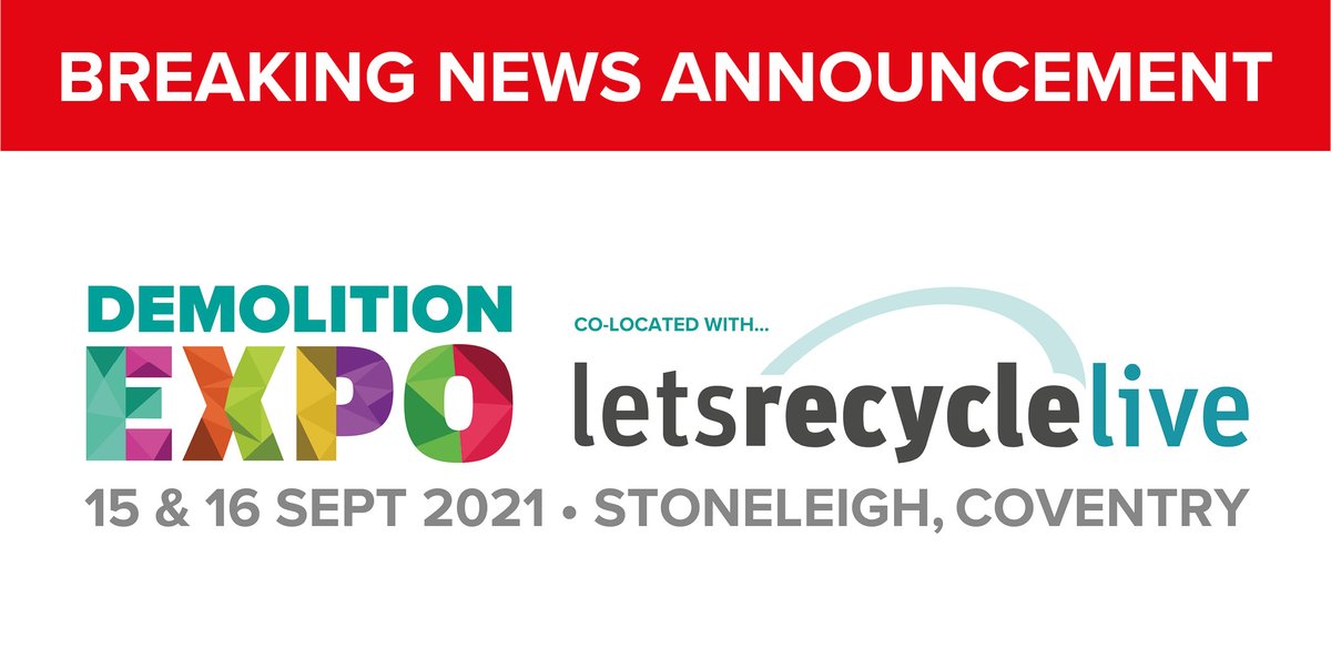 NFDC_UK's tweet photo. BREAKING NEWS! 

Today NFDC announced that in light of the ongoing pandemic, co-located events Demolition Expo and Letsrecycle Live have been rescheduled to 15-16 September 2021 at NAEC Stoneleigh, Coventry.  

Read the full press release here: https://t.co/pfUuEAWTcC https://t.co/XE4sDriLZm