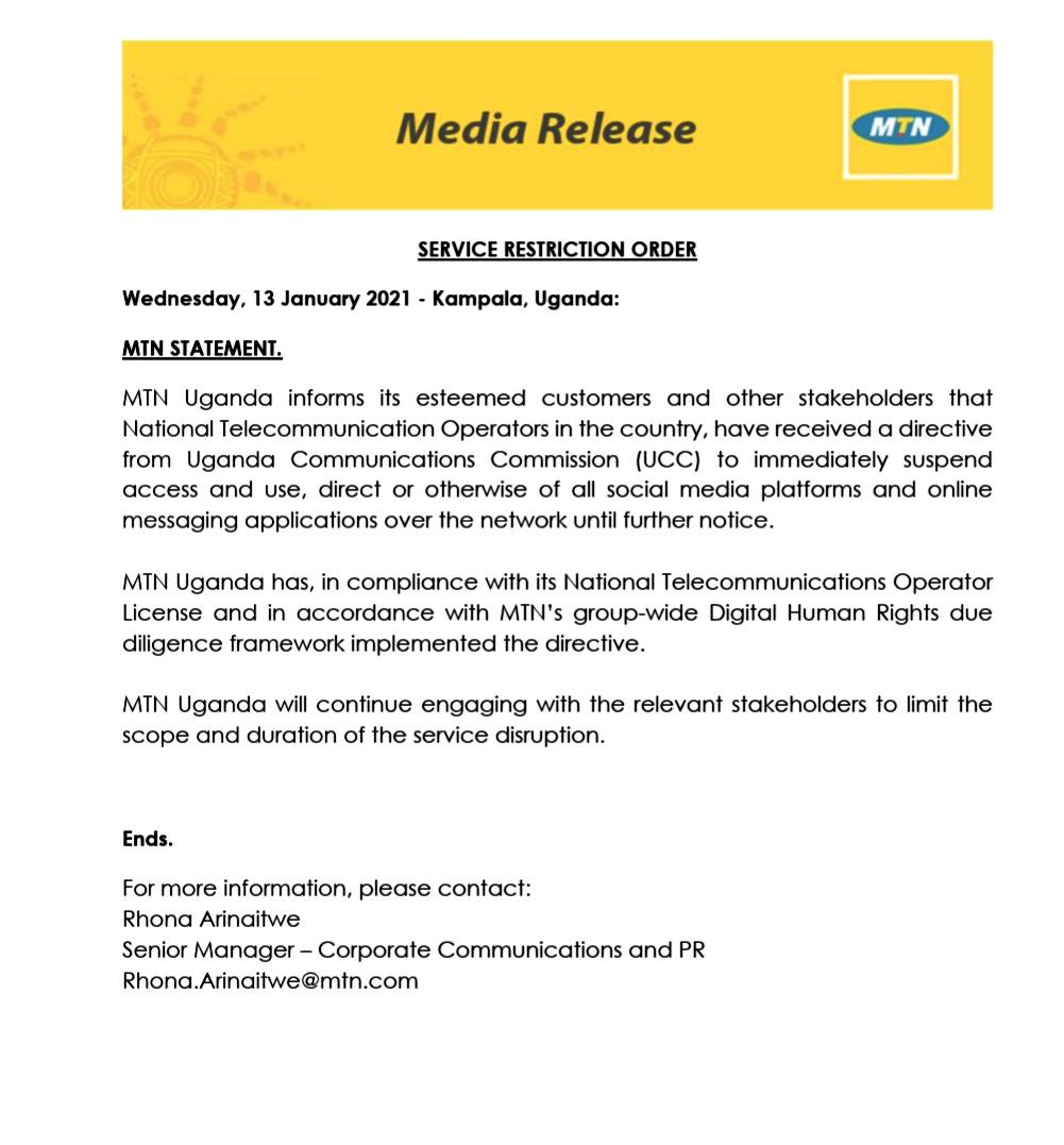 samirasawlani's tweet image. Ahead of tomorrow’s election- Ugandan Telecom Company MTN Uganda says it has received order to suspend access to social media and online messaging apps.