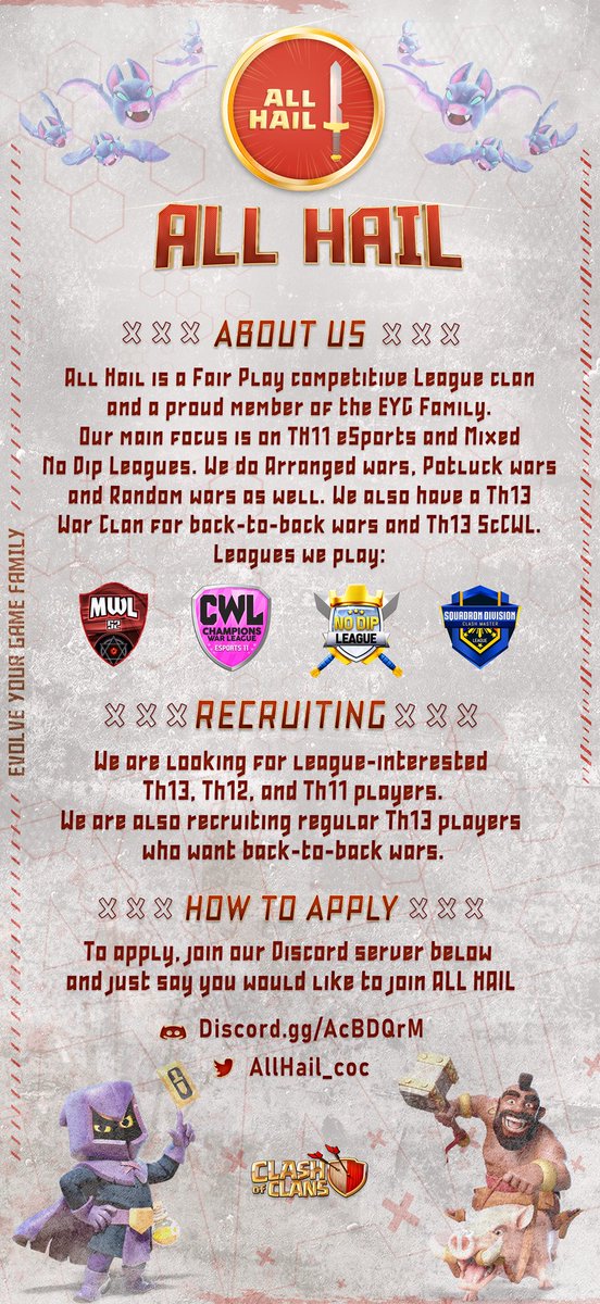 AllHail_coc's tweet image. All Hail is now recruiting, Intrested in leagues war, random TH13 war or if ur underage or looking for a th7+ clan we got em all apply on our Discord server (verification server) -&amp;gt; discord.gg/AcBDQrM
Proud member of @EYG_FamilyCoC 🔥