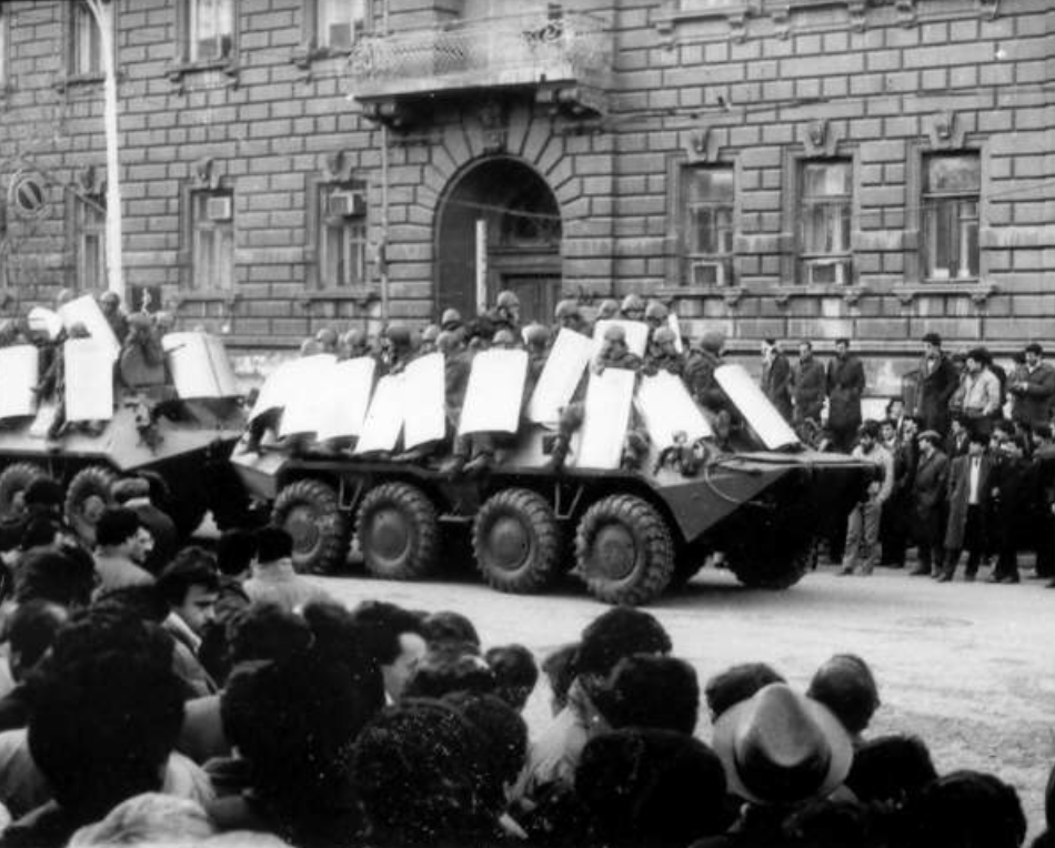 The massacres lasted for about a week. During the entire time the police, housing managers (zhek), and emergency services did not respond to calls. The brutality stopped only with the entry of Soviet tanks into the city. 4/12