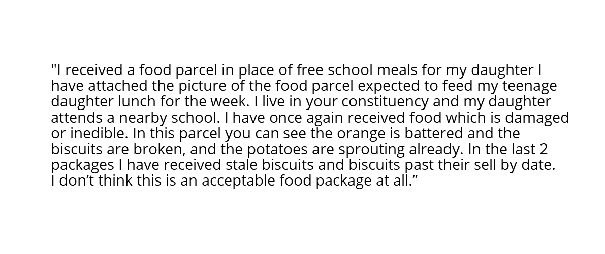 JonCruddas_1's tweet photo. Yesterday local parents contacted me outraged at the £5 #foodparcels sent out by the Tory govt in place of a £30 voucher. Below is just one of the messages I received. 

I have written to the Children's Minister. 
This is utterly shameful. 
#FreeSchoolMeals https://t.co/Yr4NpqC48t