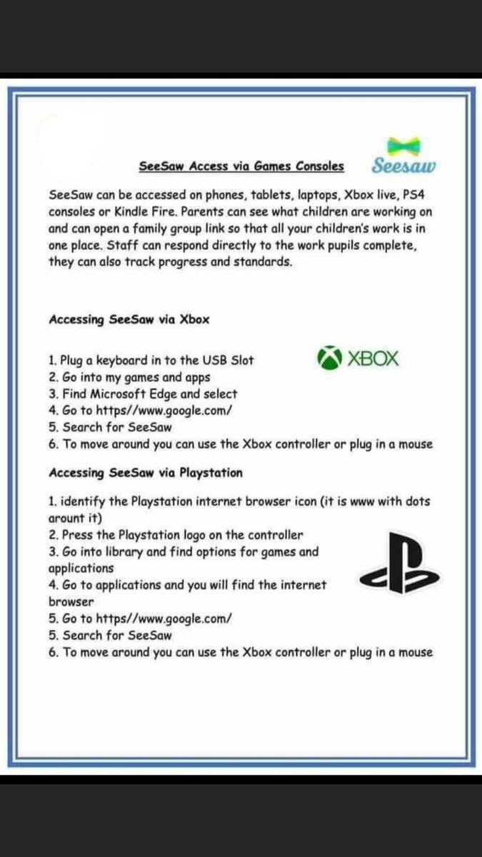 St Oliver S N S Drogheda Parents Guardians Please See The Below Steps For Accessing Seesaw Via A Games Console This May Be A Help In Allowing Your Child To Engage With