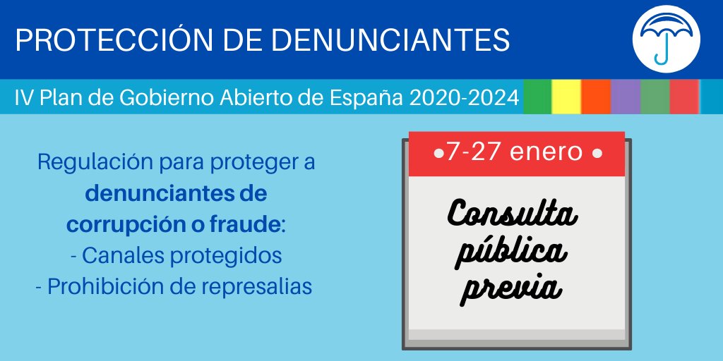 transparencia_e's tweet photo. Hasta el 27/01 puedes enviar aportaciones sobre la transposición de la Directiva UE de protección de #denunciantes (#whistleblowers), un compromiso de @justiciagob, del #CuartoPlan de #GobiernoAbierto.
#Participación #Integridad
Consulta pública previa 👇
https://t.co/uSYOM8ZOV3 https://t.co/K7iZnSf1V5