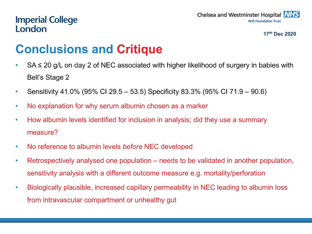 Summary slides from final #ChelwestNICUJournalClub of 2020. Does low serum albumin predict need for surgical intervention in NEC? @DrCBattersby