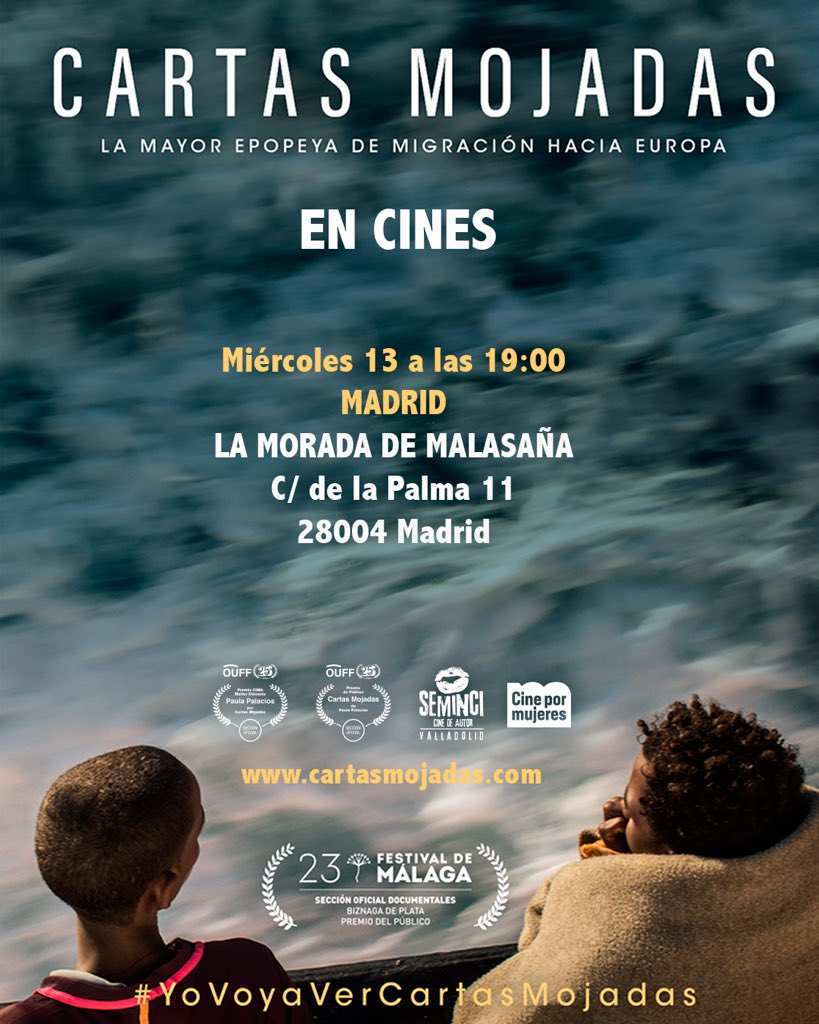 Os esperamos esta tarde. Venta de entradas aquí: la-morada.es/es/events/mes/
.
#CartasMojadasFilm #CartasMojadas #Migracion #Europa #Libia #Med #blacklivesmatter✊🏽✊🏾✊🏿 #OpenArms #NOaEstePactoMigratorio
#PremiosForque2021 #PremiosGoya2021 #35PremiosGoya