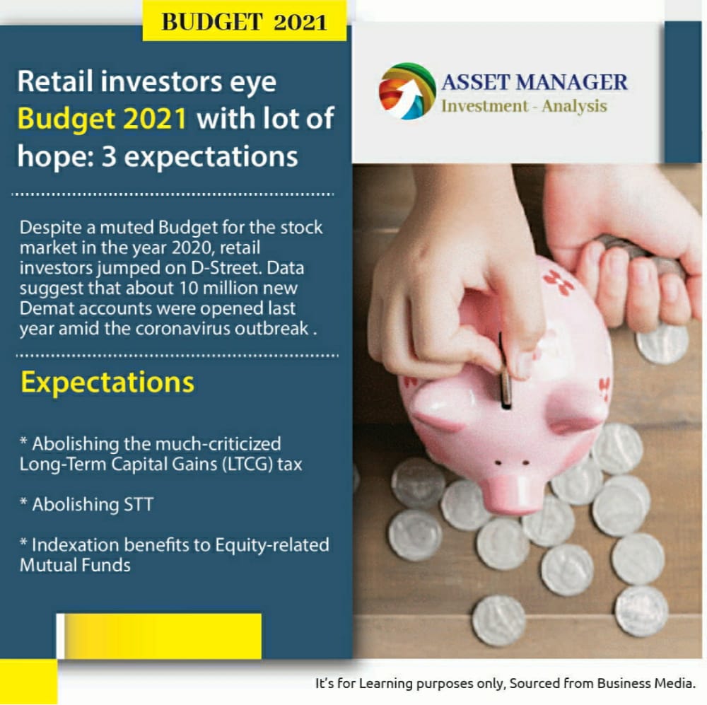 Retail investors eyes budget 2021 with lots of hope and with 3 expectations.
 .
.
.
.
#budget2021 #urassetmanager #newyear #budgeting #2021goals #expectaion #retailinvestment #tax #ltcg #stt #equitymutualfund #equity #longtearminvestment #largecap #midcap #business #STOCKSTRADING