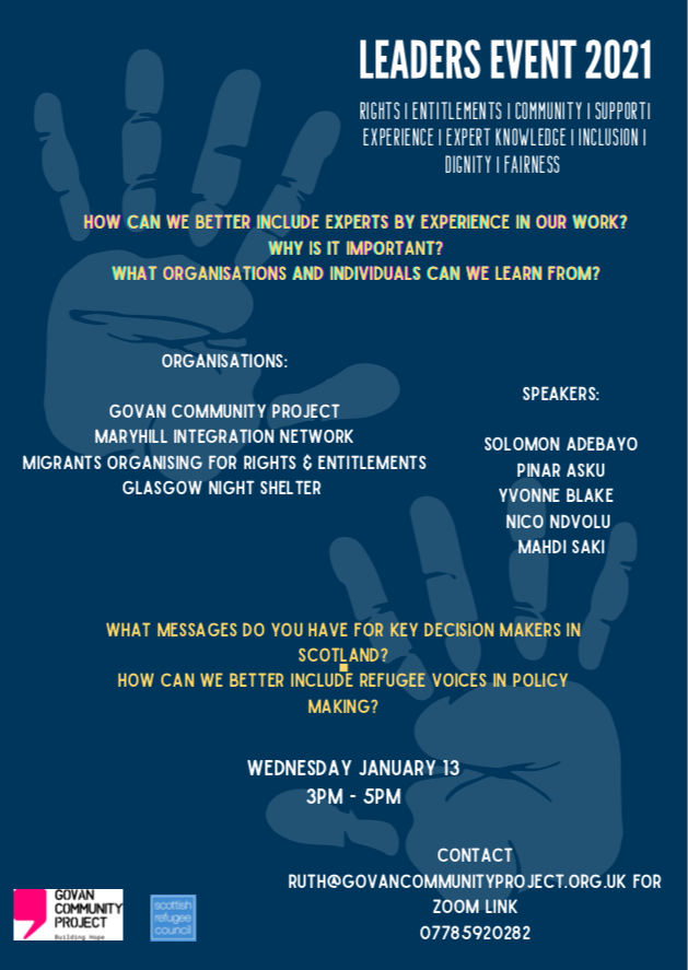 GovanCP's tweet photo. Reminder: event at 3pm today!

Join us to discuss all things refugee activism, inclusion and Experts by Experience. Email ruth@govancommunityproject.org.uk for the Zoom link #grassrootsglasgow #knowledgebyexperience https://t.co/jFbaDLyOxS