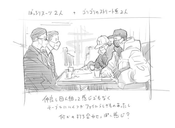 今日喫茶店で見かけた何かドラマがありそうな二人組×2のスケッチ 