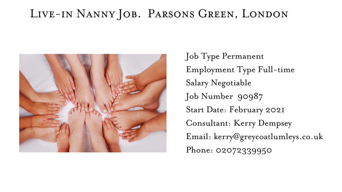 Family based in Parsons Green are looking for a live-in Nanny to assist with the care of their 4 children aged 10, 8, 6 and 2.  The role is a mixture of shared and sole charge.

Click her for more details ow.ly/O9Aq50D5l1m

#nannyjob #jobsinlondon #nannylife