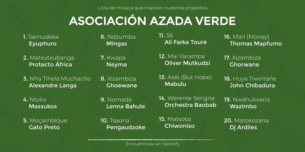 AzadaVerde's tweet photo. ¿Conoces música africana? Aquí te dejamos nuestra playlist personal de #Spotify con canciones que nos inspiran y nos llenan de energía. Si te mola tanto como a nosotros dale a "Me gusta" (🤍) en el siguiente enlace: https://t.co/joY4SZnayC https://t.co/cXqtxgBVEX