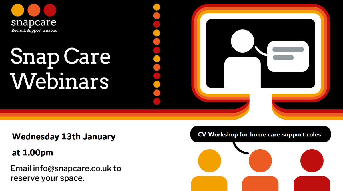 SnapCare_'s tweet photo. There's still time to sign up to our CV Workshop webinar! Today at 1.00pm. Specifically for people working in home care settings such as #supportworkers and #SEND #Nannies and #Mannies https://t.co/vA1sJfEXpj