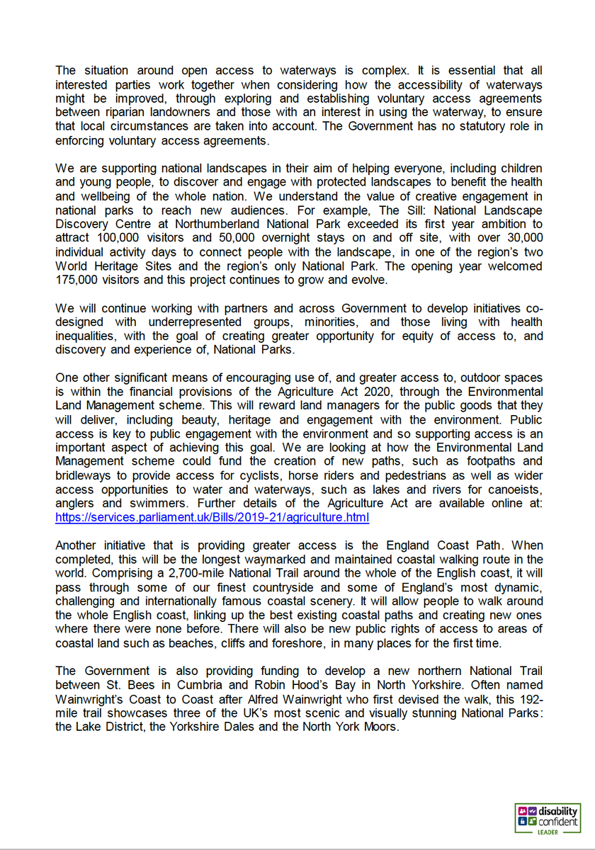 Late last year, over 100 authors, artists, musicians & actors wrote to the PM asking him to extend Right to Roam:  https://www.righttoroam.org.uk/letter We've now had a letter of response (images below) from Lord Gardiner, DEFRA Minister responsible for access.Analysis in this thread (1/n)