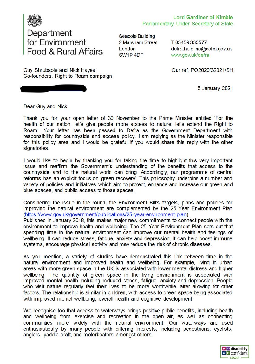 Late last year, over 100 authors, artists, musicians & actors wrote to the PM asking him to extend Right to Roam:  https://www.righttoroam.org.uk/letter&nbsp;We've now had a letter of response (images below) from Lord Gardiner, DEFRA Minister responsible for access.Analysis in this thread (1/n)
