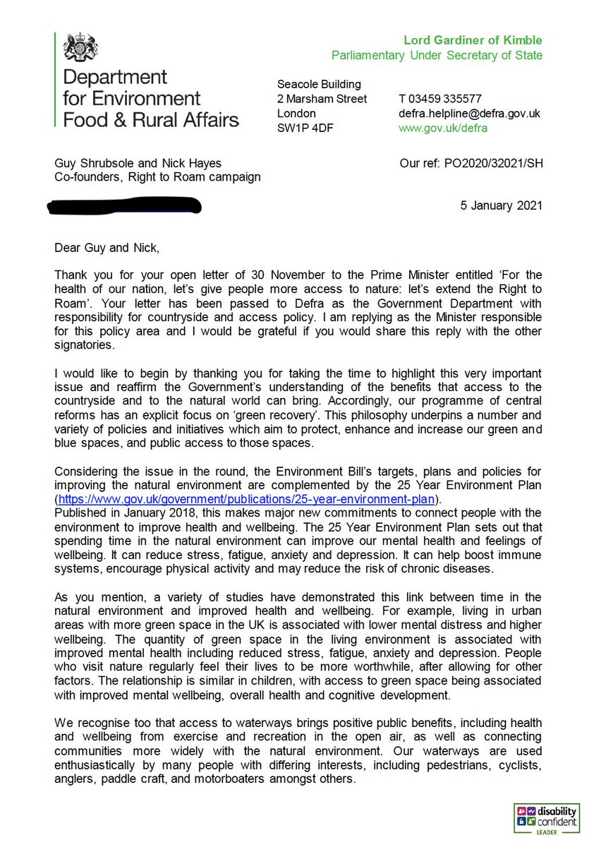 Late last year, over 100 authors, artists, musicians & actors wrote to the PM asking him to extend Right to Roam:  https://www.righttoroam.org.uk/letter We've now had a letter of response (images below) from Lord Gardiner, DEFRA Minister responsible for access.Analysis in this thread (1/n)