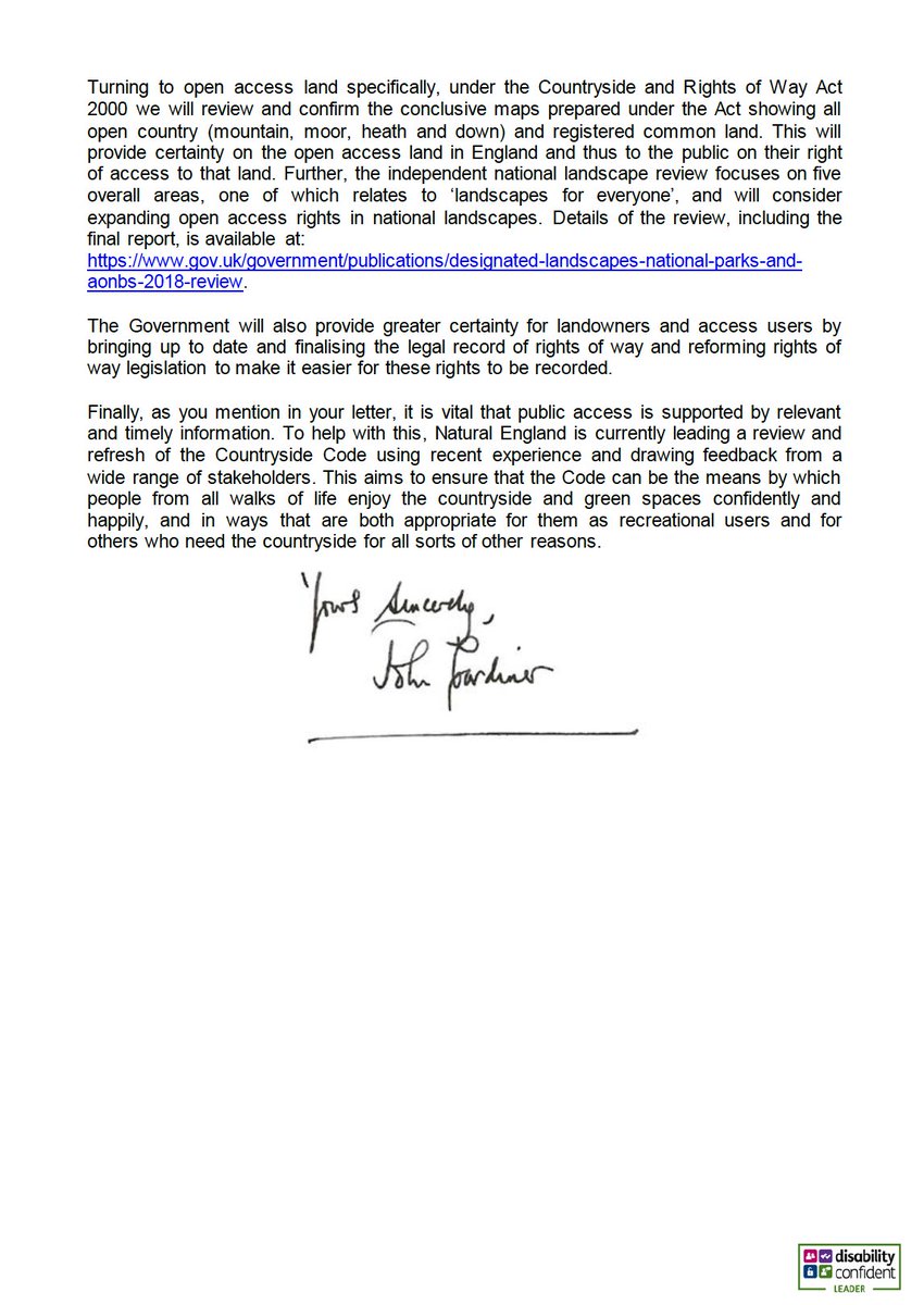 Late last year, over 100 authors, artists, musicians & actors wrote to the PM asking him to extend Right to Roam:  https://www.righttoroam.org.uk/letter&nbsp;We've now had a letter of response (images below) from Lord Gardiner, DEFRA Minister responsible for access.Analysis in this thread (1/n)