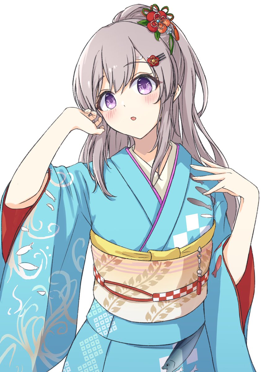 yukoku kiriko 1girl japanese clothes solo kimono purple eyes hair ornament white background  illustration images