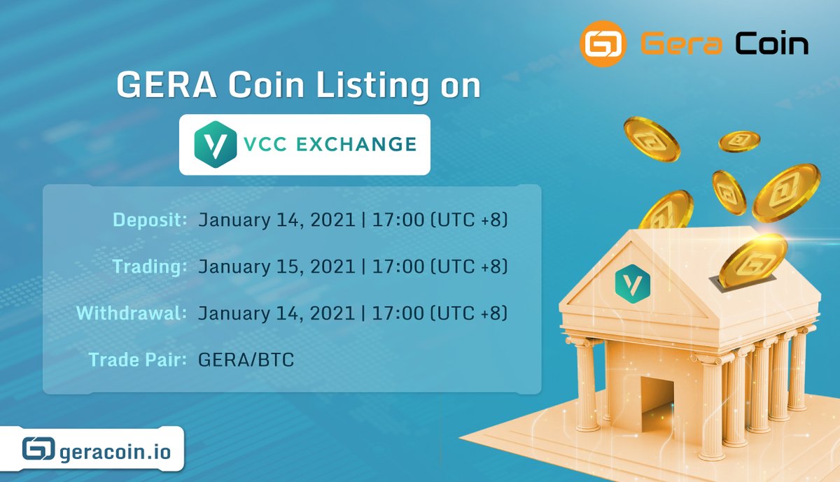 GeraCoin's tweet photo. GERA Coin is floored with our #exchange listing on VCC!🤩
Crypto traders will be able to trade #GERA Coin on VCC starting January 15. You may enjoy trading GERA against the available #BTC pairing.
Cheers to everyone for unlocking this new achievement!
#GeraCoin #VCCExchange https://t.co/Yhbi2HiSlo