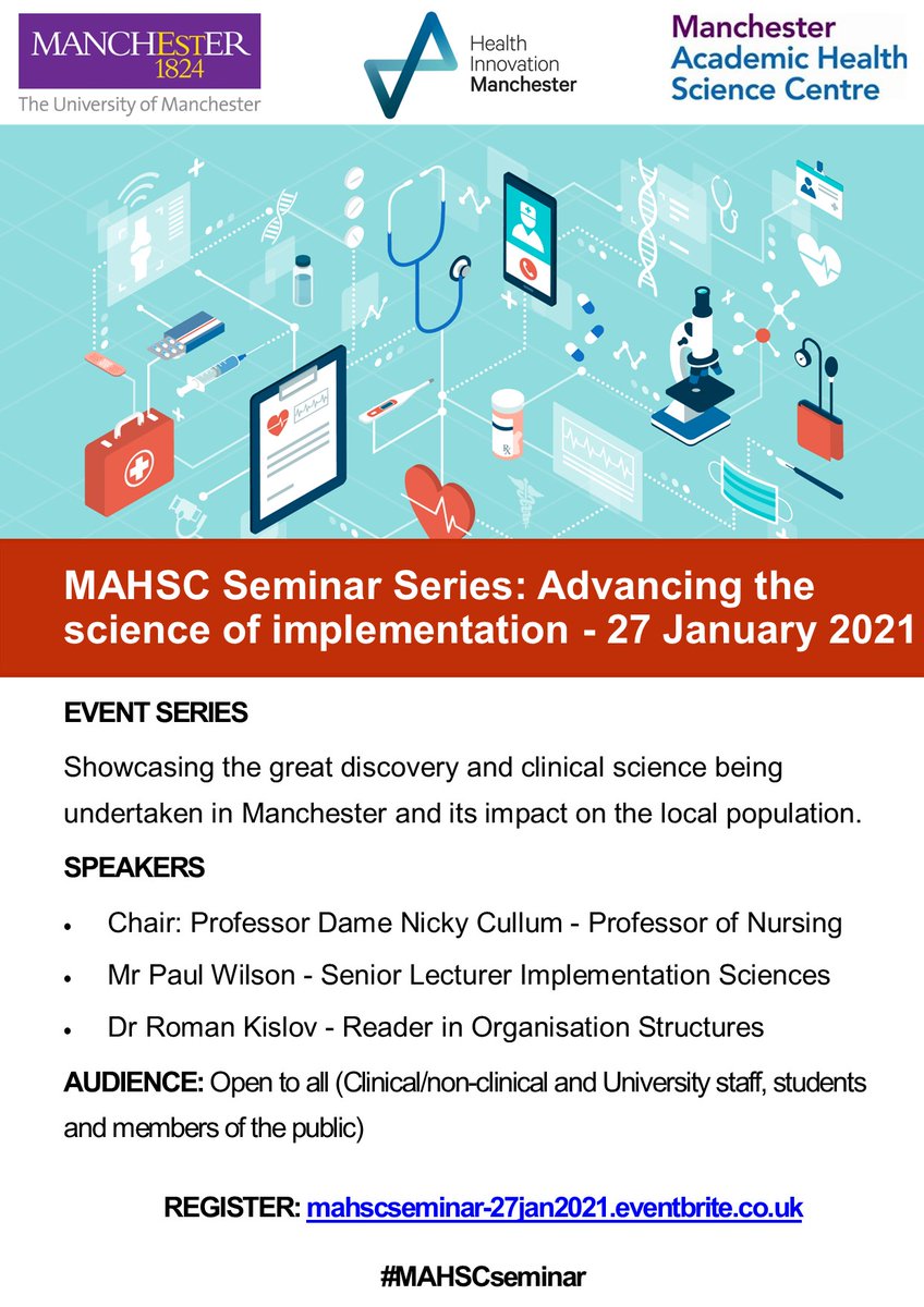 JaneCrosbie's tweet photo. NEW EVENT: #MAHSCseminar Series: 'Advancing the science of implementation' on 27 January, 3-4pm

w/ @nicolacullum, @pmw777 &amp; @RomanKislov 

Open to all! https://t.co/bN7OO94gPf

@FBMH_UoM @OfficialUoM @HealthInnovMcr https://t.co/jZtnMVI47k