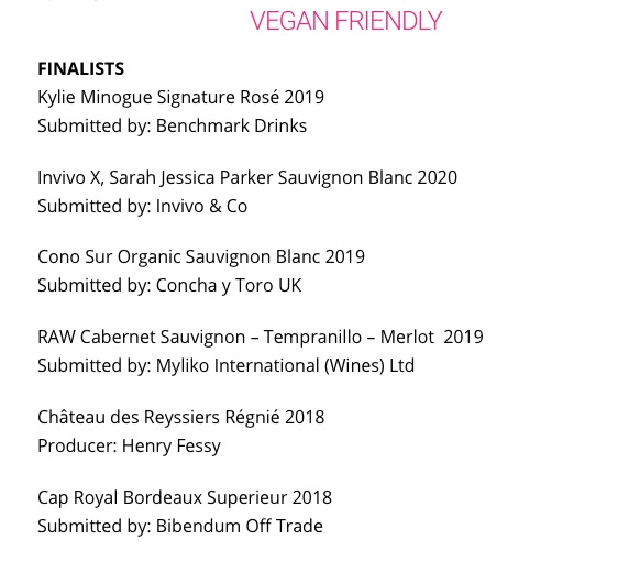 PCDrinksAwards's tweet photo. Here’s the shortlist for our Vegan Friendly wines:
Kylie Minogue Signature Rosé @BenchmarkDrinks @winedelivered
Invivo X Sarah Jessica Parker #SauvignonBlanc @Invivowines
@ConoSurWines @CyT_UK
@Mylikowines
#HenryFessy @LouisLatourUK
@bibendumwine
#PCDA https://t.co/ozEWM5xu8R