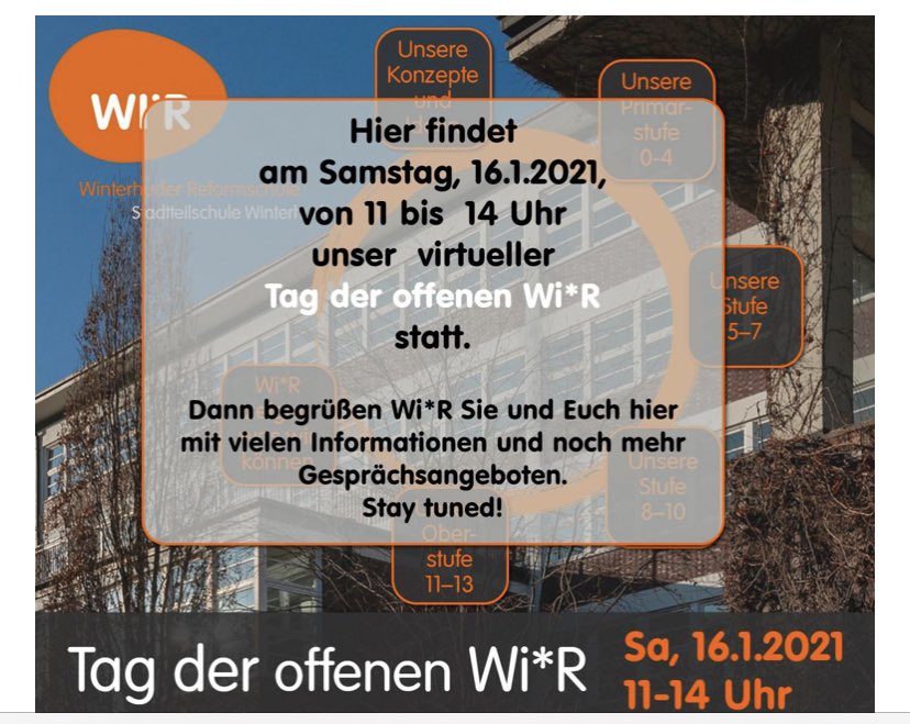 stswir's tweet photo. Am Samstag, d. 16.91.2021 findet von 11.00-14.00 Uhr unser virtueller Tag der offenen Wi*R statt. Wir freuen uns auf Interessierte, die sich unsere Reformschule anschauen und ihre Kinder bei uns in d Primarstufe und im 5. Jg. anmelden möchten. #stswir 

https://t.co/7wQue510Tl https://t.co/faubQxrvDy