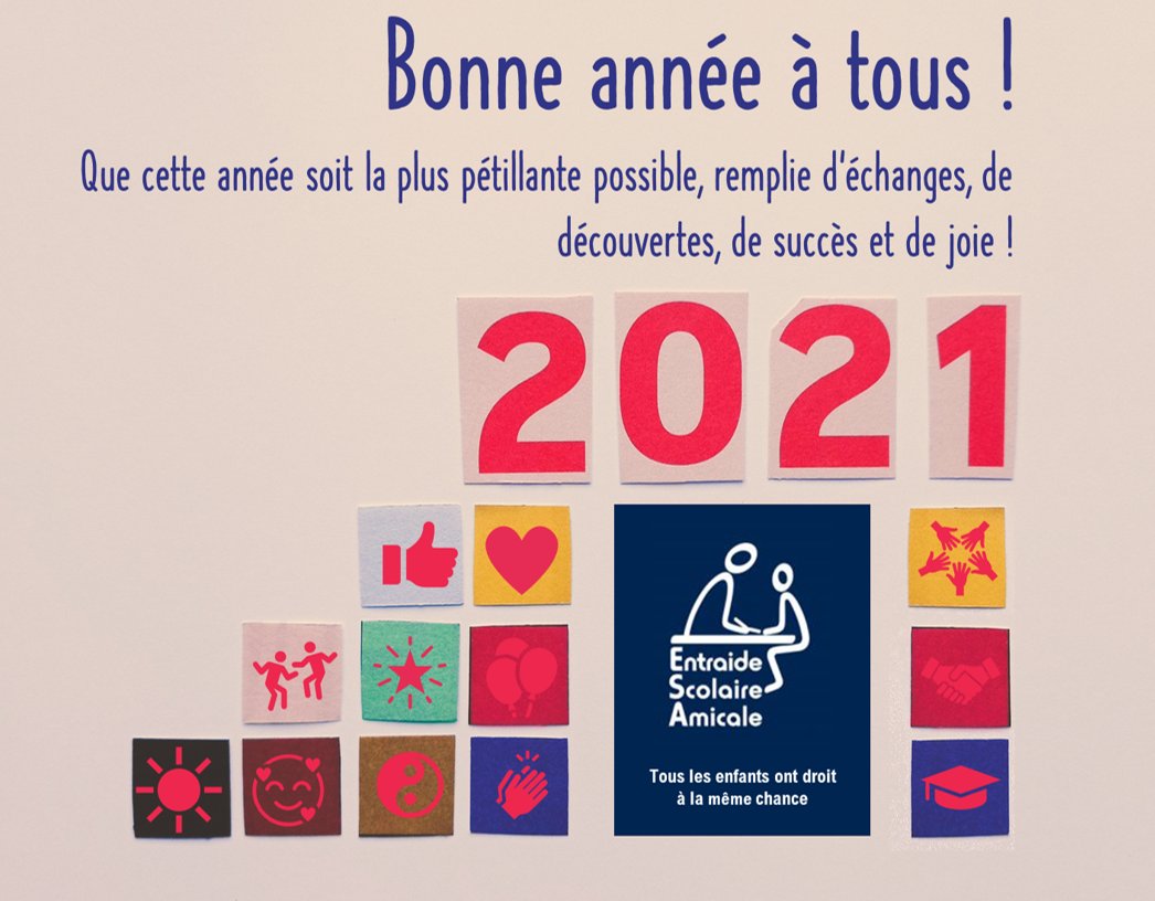 AssociationESA's tweet image. Toute l'équipe de l'Entraide Amicale Scolaire vous adresse ses meilleurs vœux pour cette nouvelle année ! Un grand merci à nos bénévoles pour leur forte mobilisation en 2020 et pour les 12 mois à venir ainsi qu'à tous ceux qui nous soutiennent.🙏🤝🙂

#mentorat #benevolat