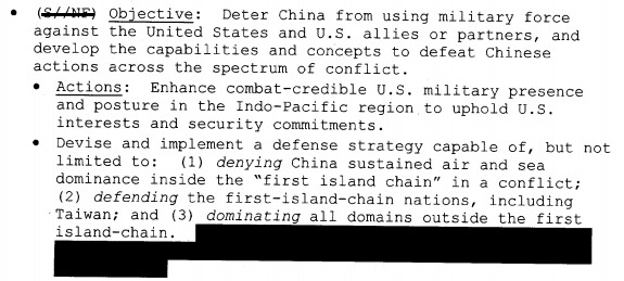 5) The military strategy to deal with China focuses on denial within the first island chain - a smart approach.But this doesn't square with the earlier call for "military preeminence" in the region. Air/sea denial is a wise objective, but it does not equate to regional primacy.