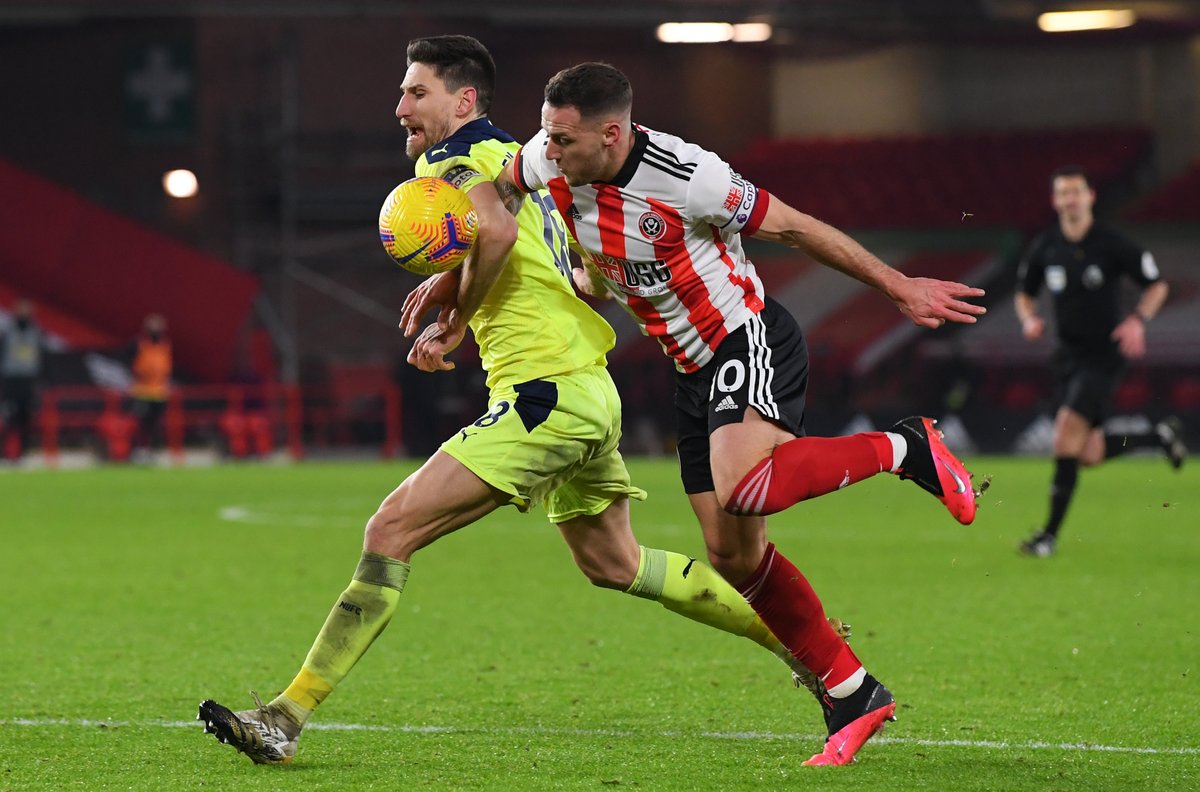 Finally, on the Sheffield United penalty. There is no foul by Sharp on Federico Fernandez. If the penalty had been given at this point, with the players' arms locked, the VAR may not have recommended the penalty as Sharp could be judged to be influencing the defender's action.