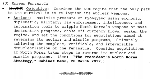6) On Korea, the strategy promises to "consider negotiations if North Korea takes steps to reverse its nuclear and missile programs."Of course, these reversals never happened (pauses maybe), but Trump still negotiated. Here strategy and execution diverged substantially.