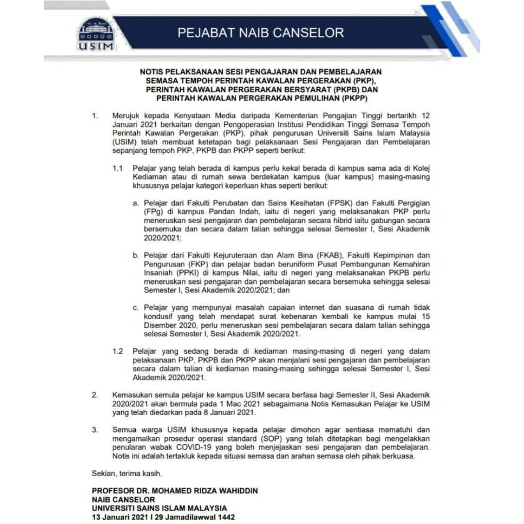 Notis Pelaksanaan Sesi Pembelajaran Semasa Tempoh Perintah Kawalan Pergerakan (PKP), Perintah Kawalan Bersyarat (PKPB) dan Perintah Kawalan Pergerakan Pemulihan (PKPP)
