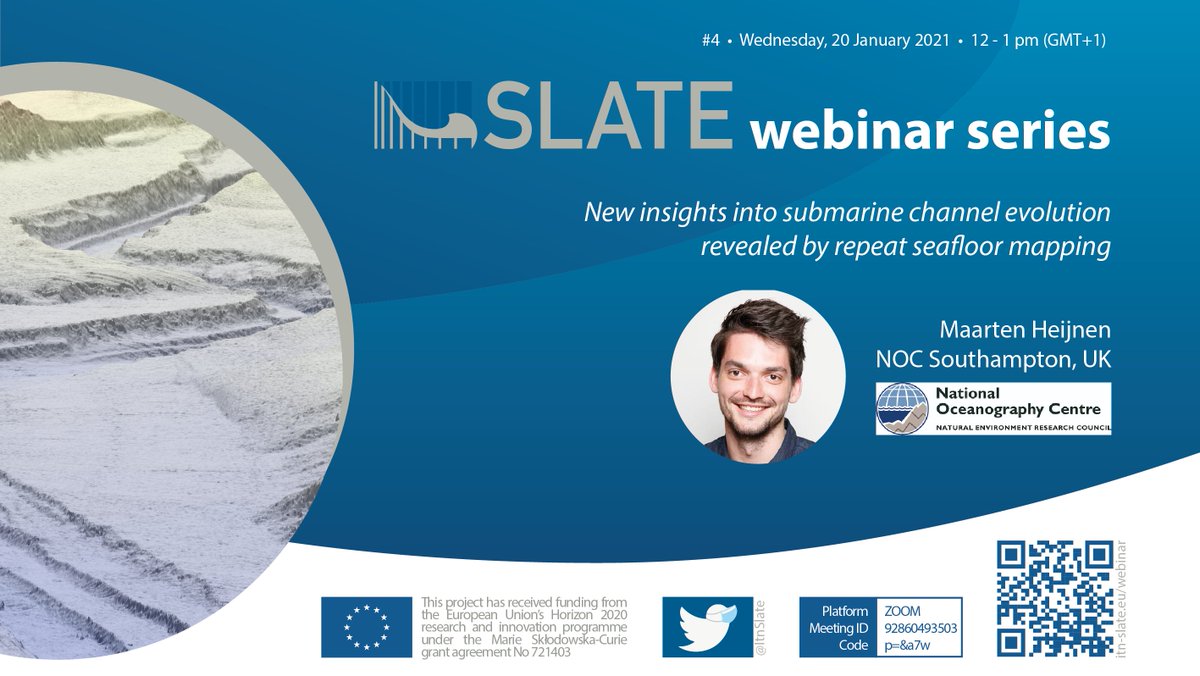 ItnSlate's tweet photo. Interested to know how channels evolve underwater? Then don’t miss the next talk of @MaartenHeijnen  from @NOCnews in the SLATE Webinar series. He will show us new insights into submarine channel evolution revealed by repeat seafloor mapping on 20/01 at 12 PM (GMT+1). Link below: https://t.co/ywXrrrkf7m