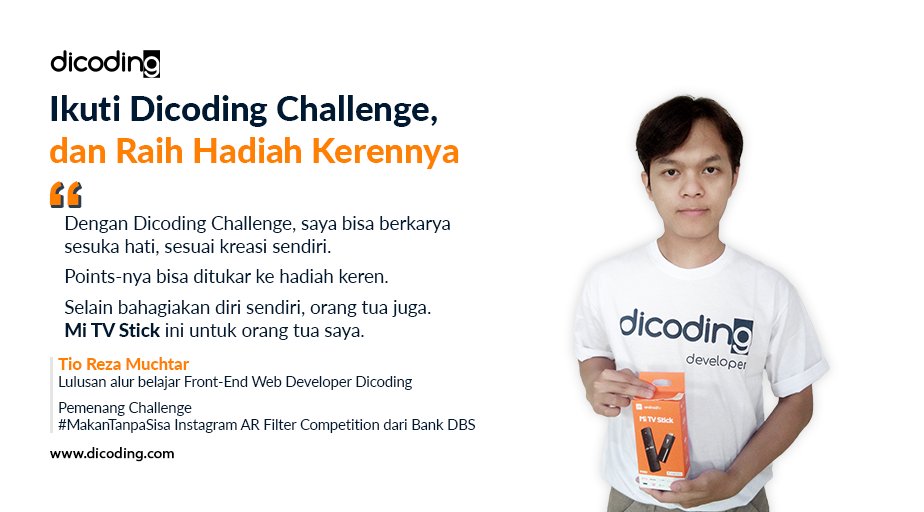 dicoding's tweet image. Mari berkarya sesuka hati seperti Tio. Ia ajak kita berkarya lewat #dicodingchallenge
Dalam 1 Challenge kami saat ini, kamu ditantang hasilkan karya yang bantu mencapai resolusi 2021
Ayo ikuti dan raih hadiah kerennya ya
Dicoding.com/challenges/641