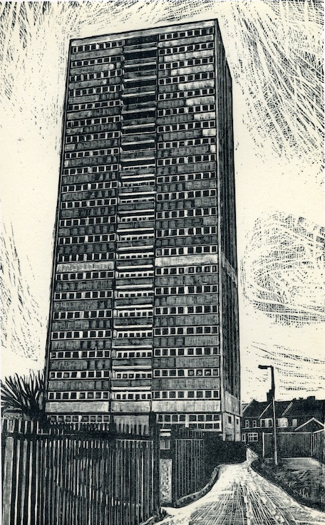 Stubb's Point. Louise Hayward #linocut print. State built high-rise residential tower blocks remain a divisive feature of post-war British housing: the first being completed in 1951 (Harlow, Essex). Here the scale is striking @LouiseMHayward @LscapeArchive @architeg @lccmunicipal