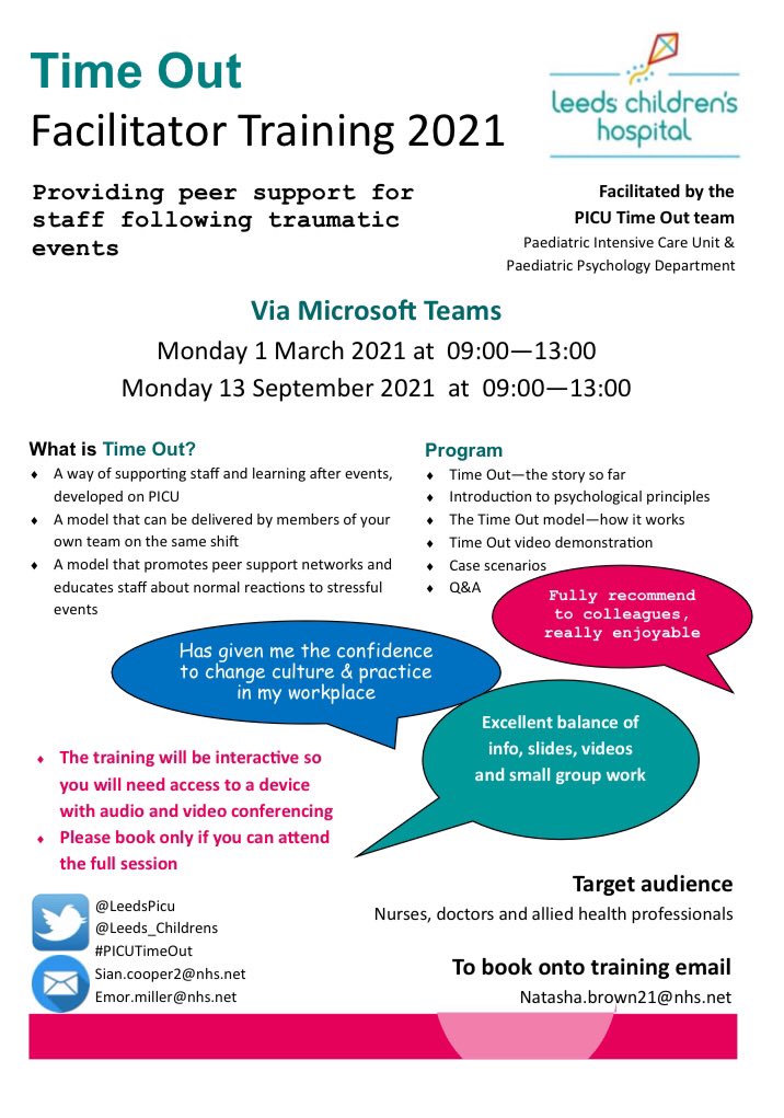 yorkshiresian's tweet photo. Want to join our network of #PICUTimeOut facilitators @Leeds_Childrens @LeedsHospitals? 

Online training for 2021 open to nurses, doctors &amp; AHPs. To book a place email natasha.brown21@nhs.net https://t.co/30ZqHnRfpz