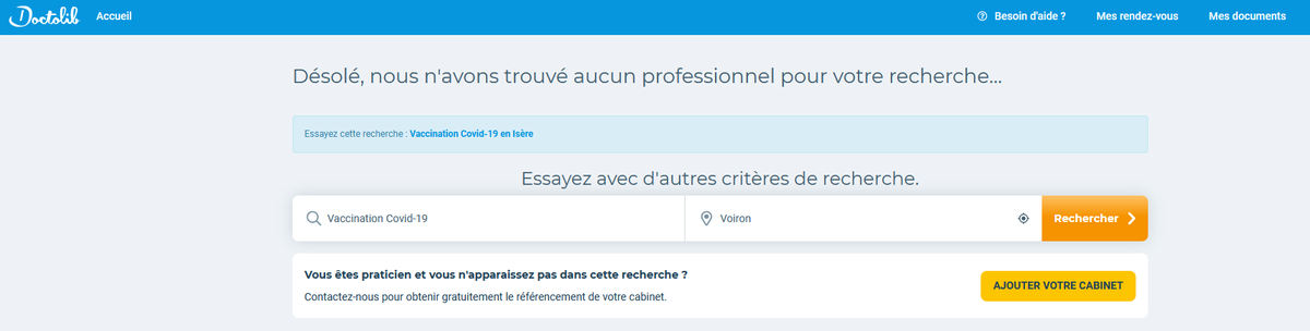 PatGellens's tweet photo. Absence de réponse quand on fait la recherche vaccin covid comme indiqué sur le site? https://t.co/qEjJONjwfa