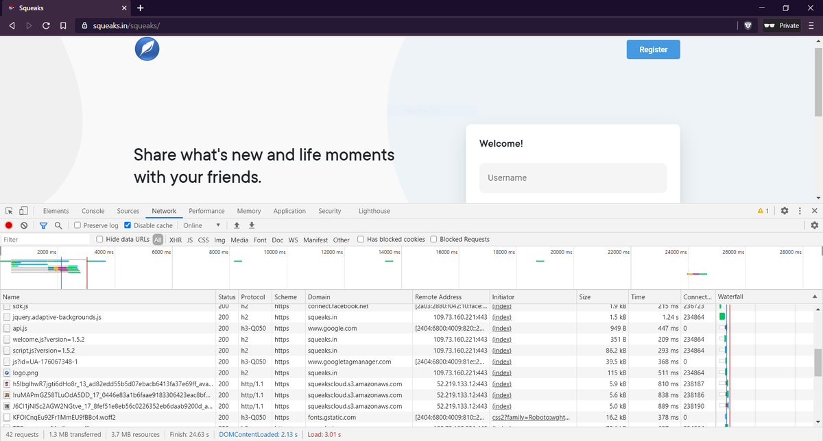 Open  http://squeaks.in  in any browser and hit F12 on your keyboard, it will open DevTools (you can adjust it in right half or below half or the screen). Go to Network tab in the DevTool and click any of the column header and enable Domain and Remote Address if they are not.