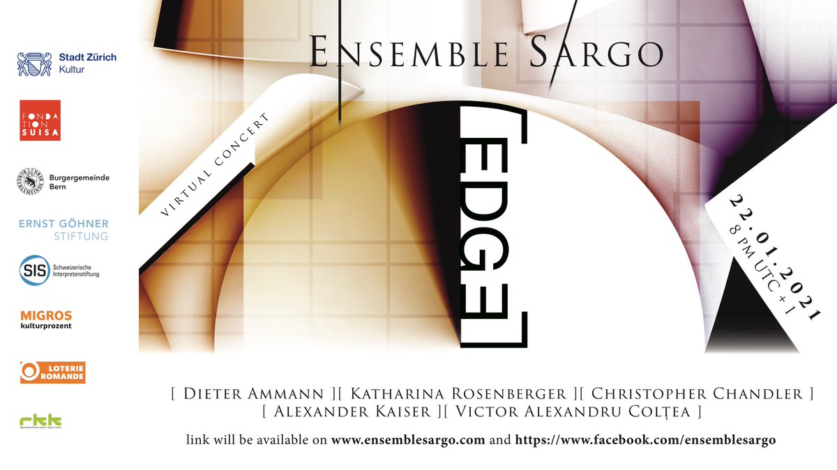 Ensemble_Sargo's tweet photo. Coming up soon our new project #EDGE with pieces by  #DieterAmmann #KatharinaRosenberger #AlexanderKaiser #ChristopherChandler &amp; #VictorColtea 22.01. - 8pm Swiss hour https://t.co/PDBavLO3Ez