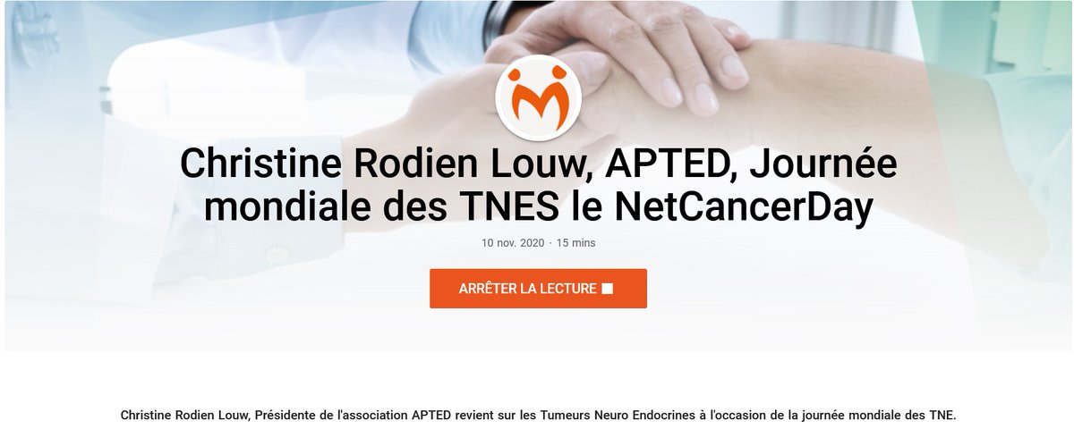 Christine Rodien-Louw, President of <a href="/Apted_org/">Association APTED</a> France and INCA Board Member, talks about NETs in an interview for the French online radio Patients Together. #LetsTalkAboutNETs  
 patients-ensemble.fr/listen/5fa559b…