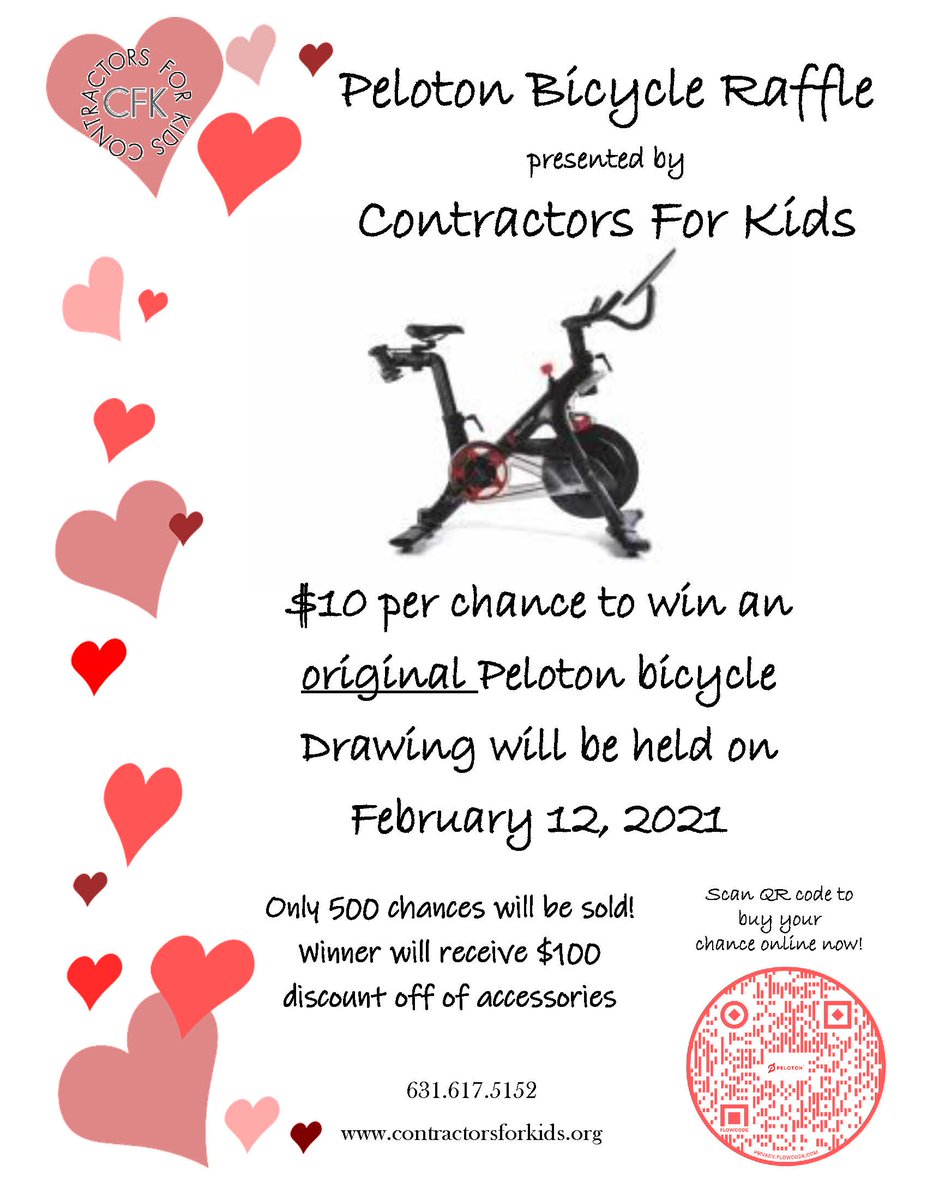 Take a chance and make a difference.  Click here to be in it: contractors-for-kids.mybigcommerce.com/peloton-raffle/