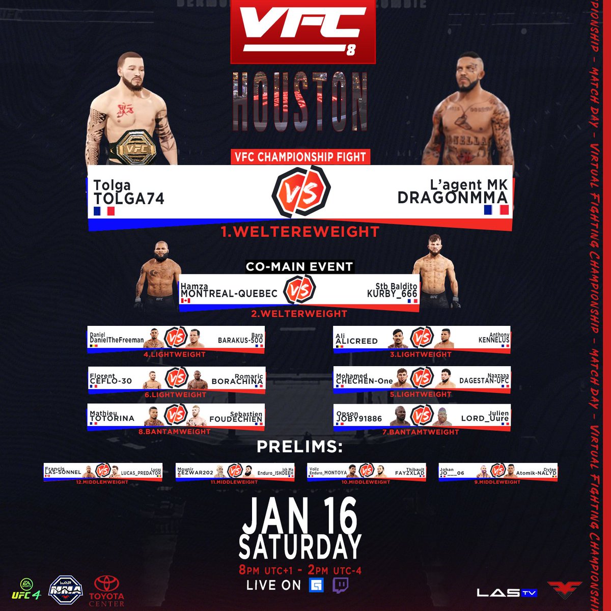FuryVS_'s tweet photo. IT'S TIME for the MAIN EVENT ‼️
Houston #ToyotaCenter #Online
#VFC8 - Virtual Fighting Championship8⃣
🛑 12 combats
🕗 20h (Paris) & 🕑 14h (Quebec)
📺 LIVE ON FBGaming & Twitch: https://t.co/DNoJk9bxih
ℹ️ Info: https://t.co/AgYD3FlqU3
#Maincards #ufc #mma
@EASPORTSUFC @ufc https://t.co/peiheotW2p
