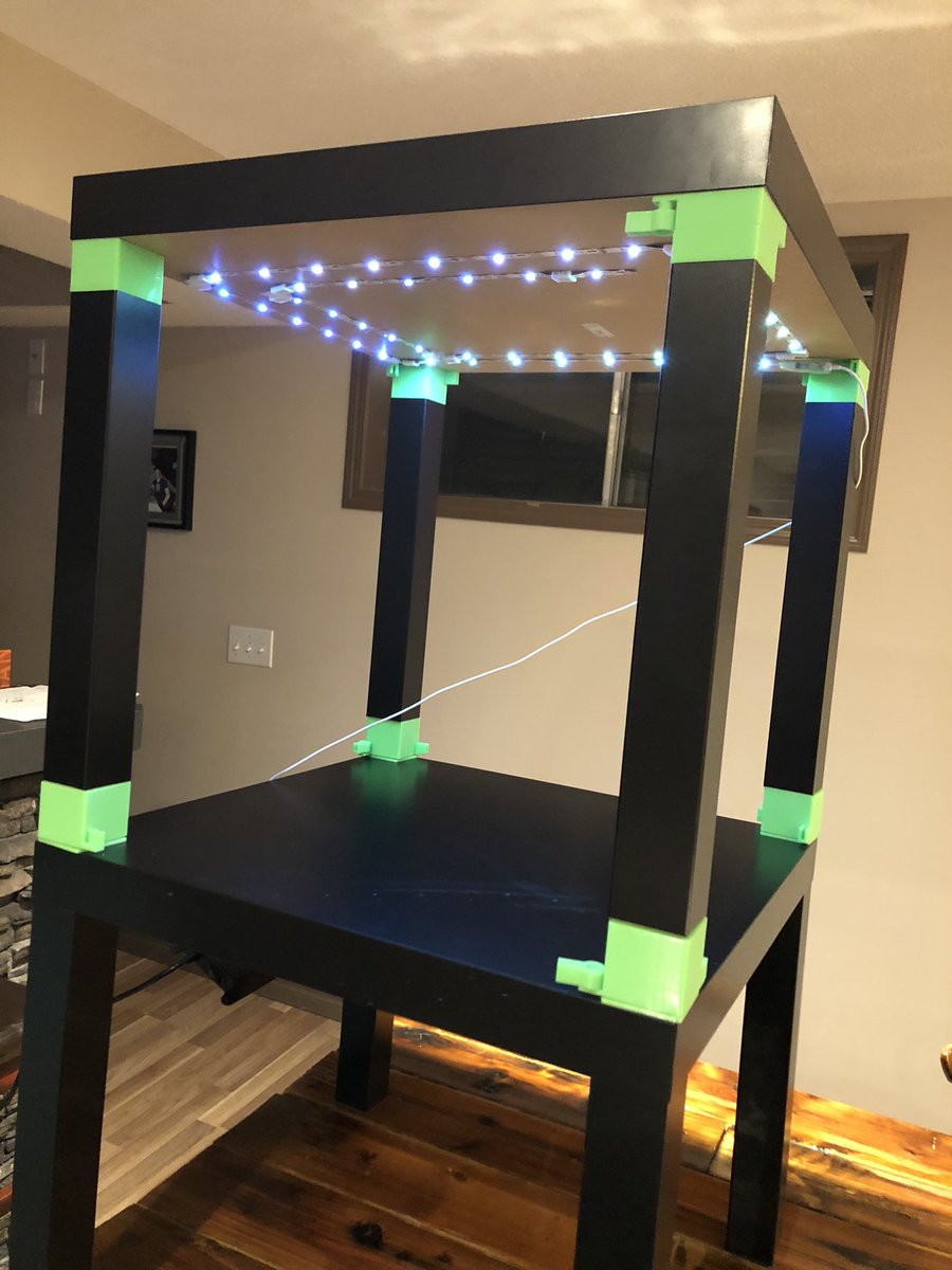 rambelaya's tweet photo. The #3dprinter cabinet is coming along. Added the lights last night need to get some glass/plexi/acrylic for the sides. A little disappointed with the LEDs though; this type isn’t as bright as I was hoping. May need to swap. #cabinetbuild https://t.co/56IsF5vOG0