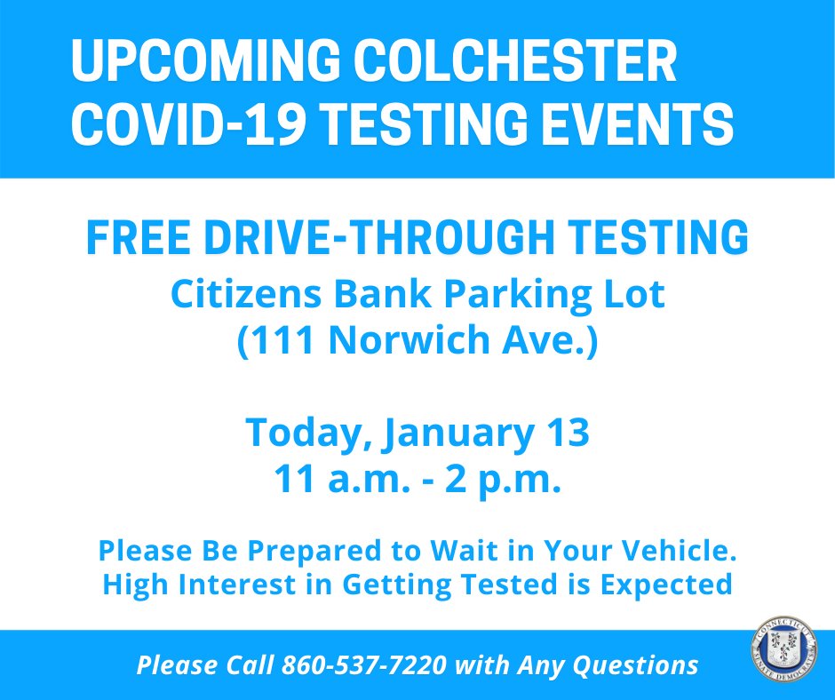 NormCT's tweet photo. Colchester will be offering free COVID-19 testing today from 11 a.m. to 2 p.m at the Citizens Bank parking lot (111 Norwich Ave.) in town.
Testing registration forms are available in English and Spanish: https://t.co/aQd4amI1Kc
#ColchesterCT #CT https://t.co/wIPgoQQ7OS