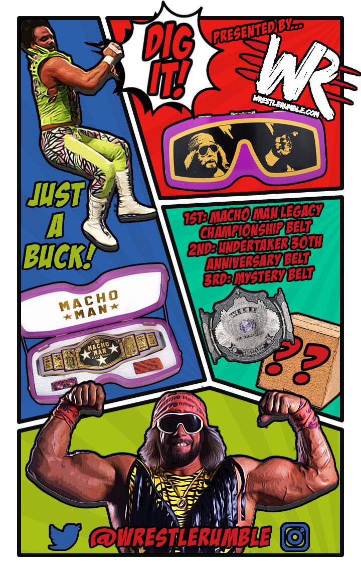 WrestleRumble's tweet photo. The Macho Man Mini Belt is out now! Win the full size belt (close to a $1000 price tag) on https://t.co/FMwsYHvTus, enter now for just a buck! Live drawing after the #RoyalRumble … The Rumble Pick ‘Em opens next week ✌🏻 https://t.co/9TxFbVavxt