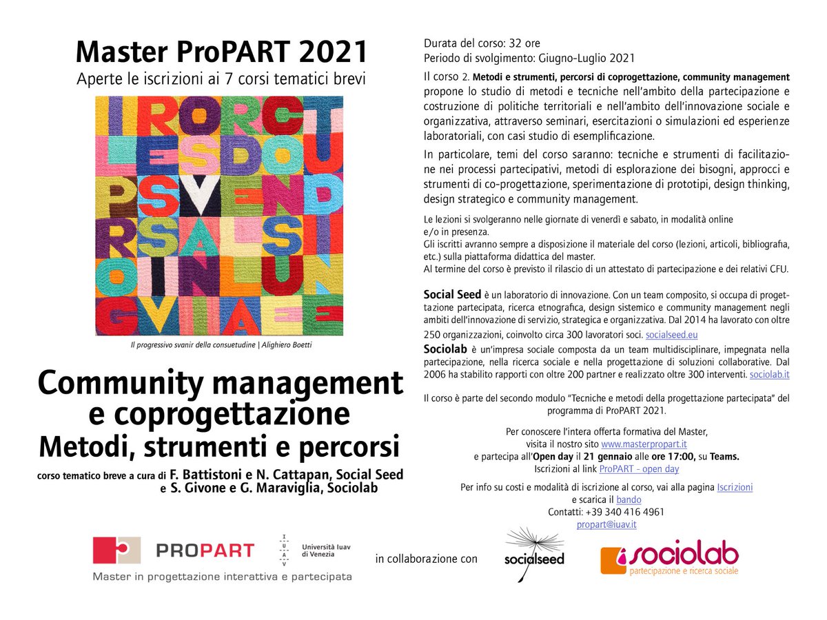 Socialseed_'s tweet photo. 💥SONO APERTE LE ISCRIZIONI al corso tematico di ProPART 2021 su COPROGETTAZIONE E COMMUNITY MANAGEMENT – METODI, STRUMENTI E PERCORSI

👉Il programma del corso
https://t.co/uVI027Quxd...
✍️ISCRIVITI!Hai tempo fino al 1 febbraio 2021!
https://t.co/GTRNPth5ka

@iuav #MasterProPART https://t.co/dFFMBJZPao