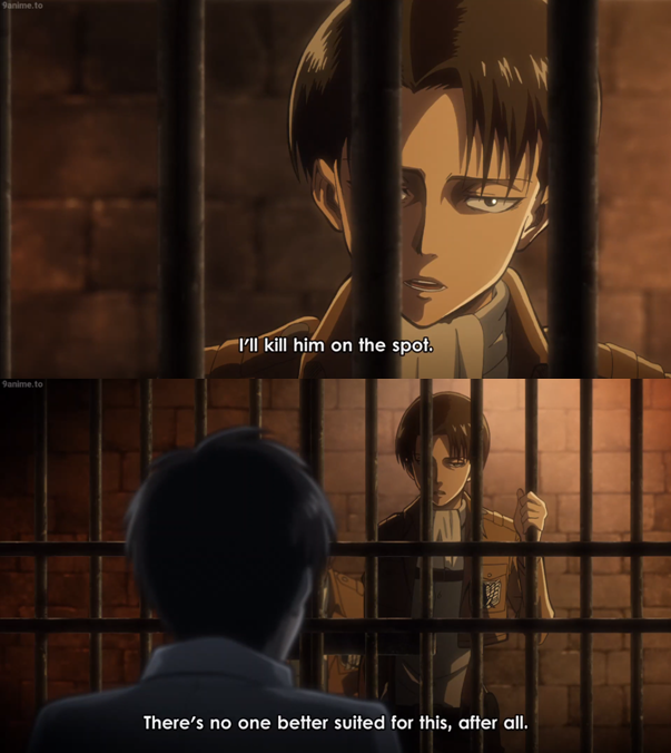 So here’s a reminder of the important events of the MANGA and the ANIME. > Levi's words about Eren. He indicates that he takes responsibility for Eren, and that if he goes berserk or betrays them, he will kill him immediately. That only he can do it.(ch18, ep13, season 1)
