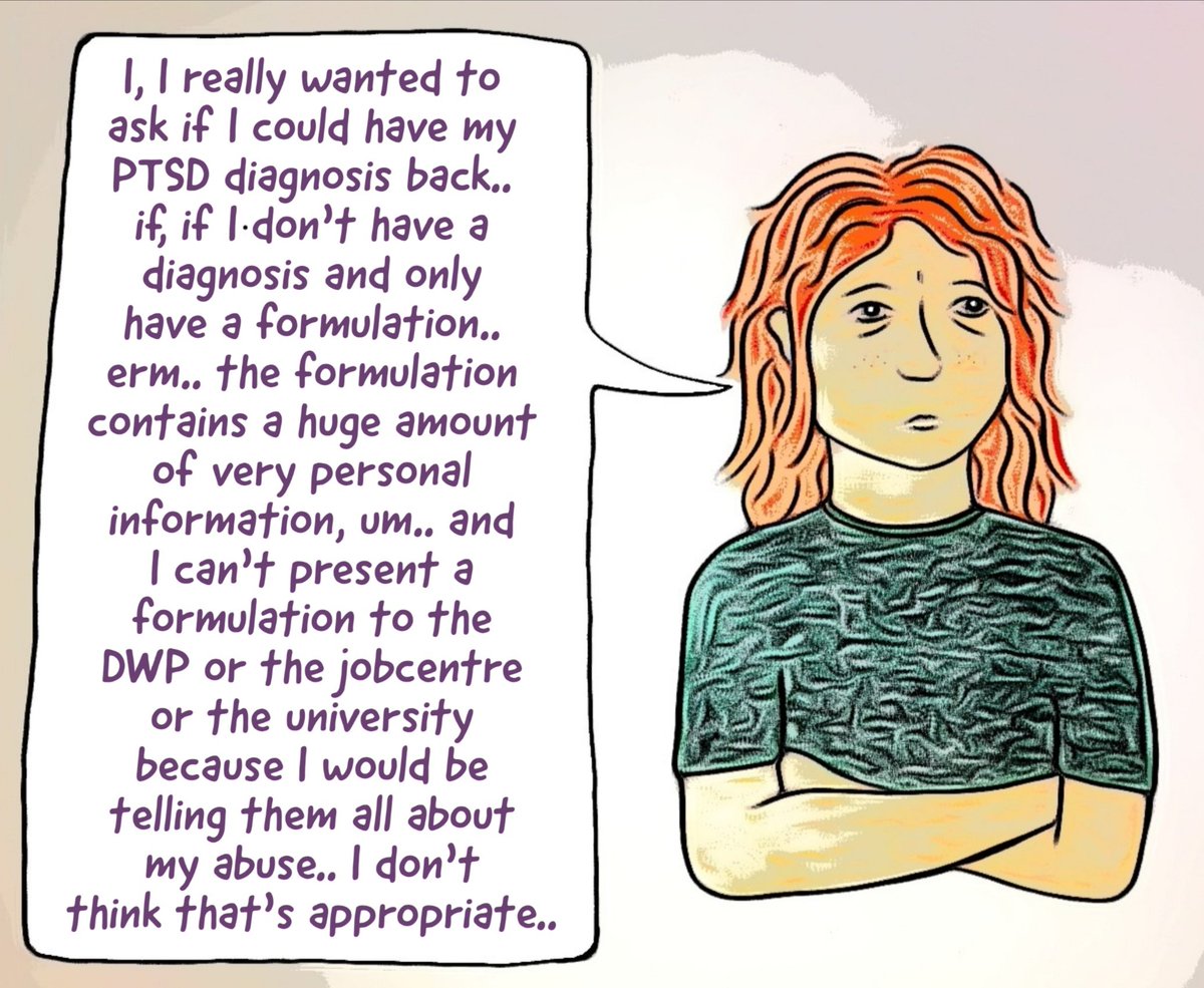 It isn't trauma informed to force formulations on patients who don't consent, to remove all their control & choice, & to share their most painful secrets without their knowledge. I've started transcribing direct quotes from my mental health appointments & illustrating them...