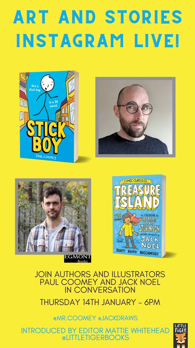 If you like art and/or stories please join me and  @mrcoomey TOMORROW (14 Jan) on the Instagram live as we chat about our new blue books, writing, design, illustration … and more!? https://twitter.com/LittleTigerUK/status/1347540108485005314