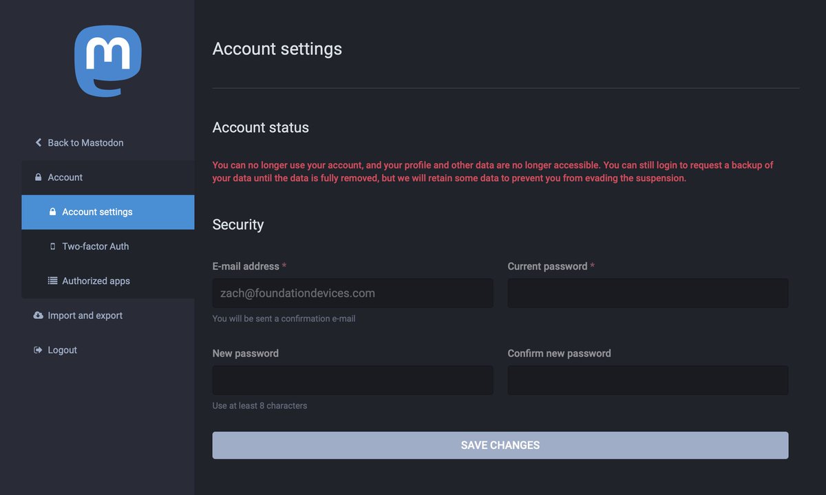 This is what it looks like when your account is deleted by the server admin on Mastodon.
