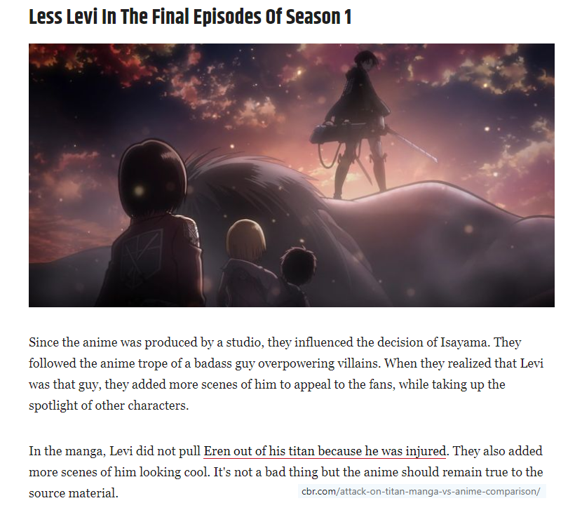 So I searched on the internet and found this article :This may be true, but by rereading the manga and rewatching the anime, we can find another explanation: it fits more with Levi's character and the various events.